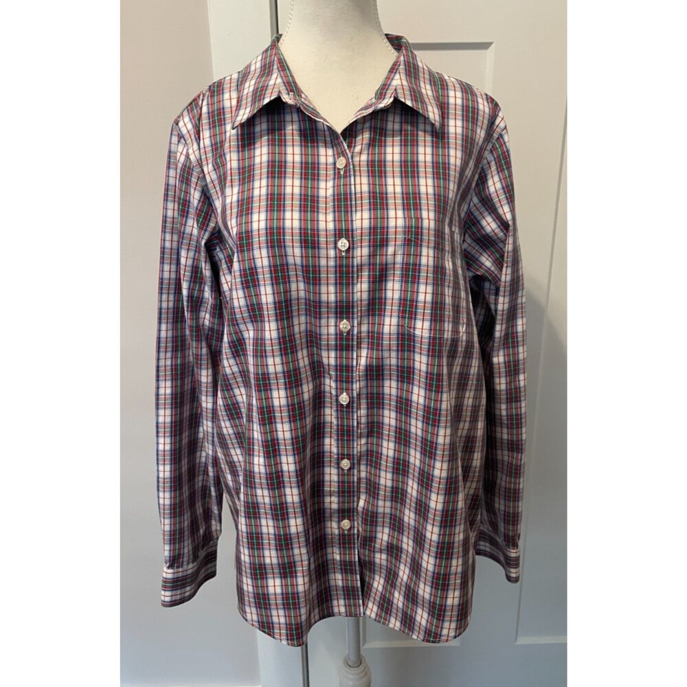 L L BEAN Womens Button TOP Long Sleeve RED Green Blue PLAID Wrinkle Free Size L